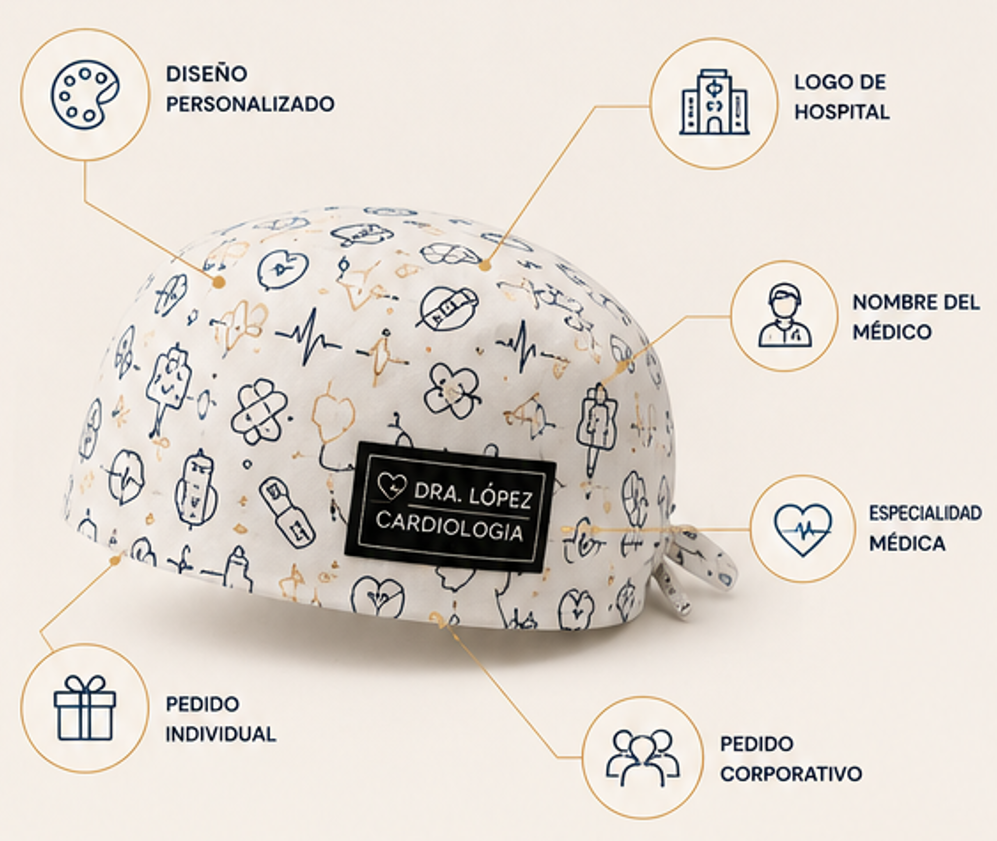 Gorro quirúrgico personalizado con diseño propio, logo de hospital y nombre del médico — Felicis Caps