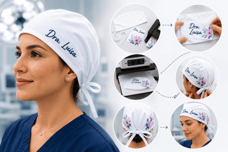 Gorro quirúrgico personalizado con nombre del profesional de salud