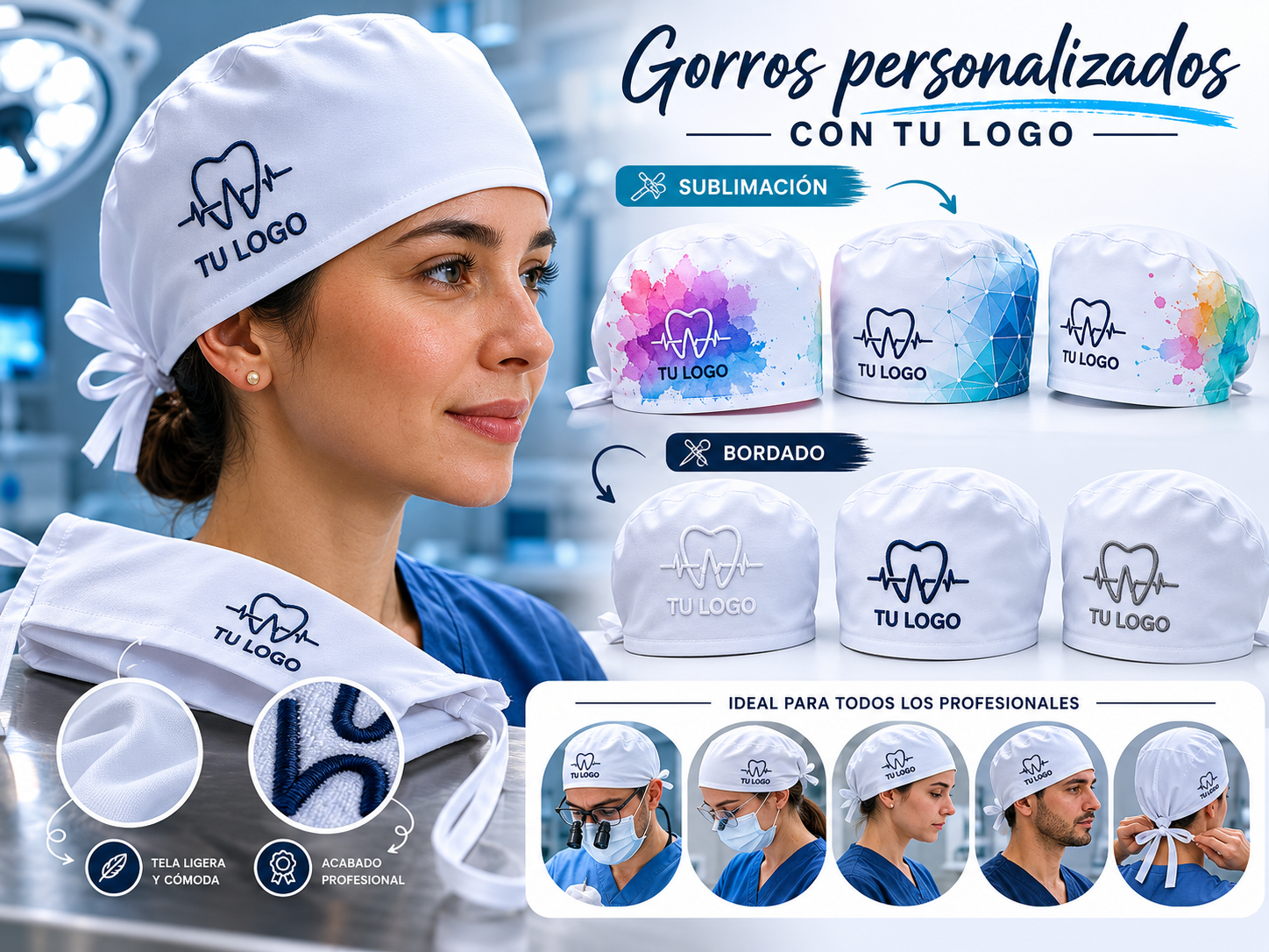 Comparación sublimación vs bordado en gorro quirúrgico personalizado